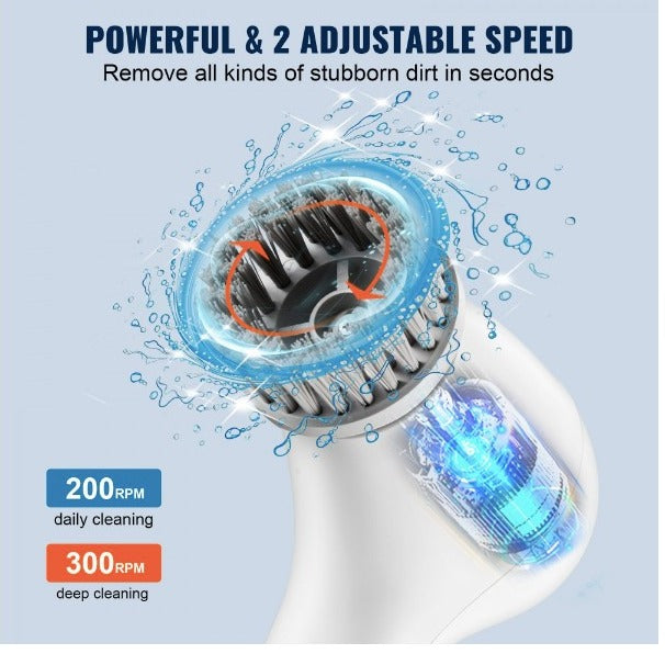 Fregadora giratoria eléctrica, cepillo de limpieza eléctrico inalámbrico con dispensador de detergente automático y 2 velocidades ajustables, fregadora de ducha eléctrica portátil con 5 cabezales de cepillo reemplazables para baño, bañera