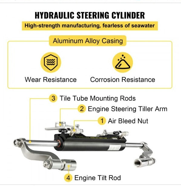 VEVOR Kit de dirección hidráulica 300HP Dirección hidráulica Cilindro compacto Kit de dirección hidráulica fuera de borda con bomba de timón para sistema de dirección marina de barco