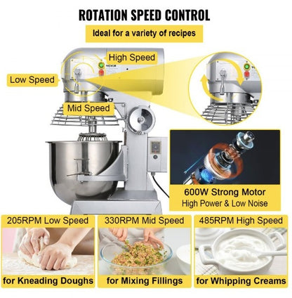 Batidora Industrial Mezclador de alimentos comercial 15Qt 600W 3 velocidades ajustable 110/178/390 Rpm Servicio pesado 110V con ganchos