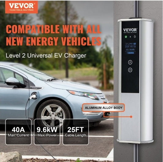 Cargador EV portátil Nivel 2, 40A 240V, Cargador de vehículo eléctrico con cable de carga de 25 pies Enchufe NEMA 14-50P, 40A/32A/24A/16A Estación de carga EV doméstica enchufable de corriente ajustable para vehículos eléctricos SAE J1772