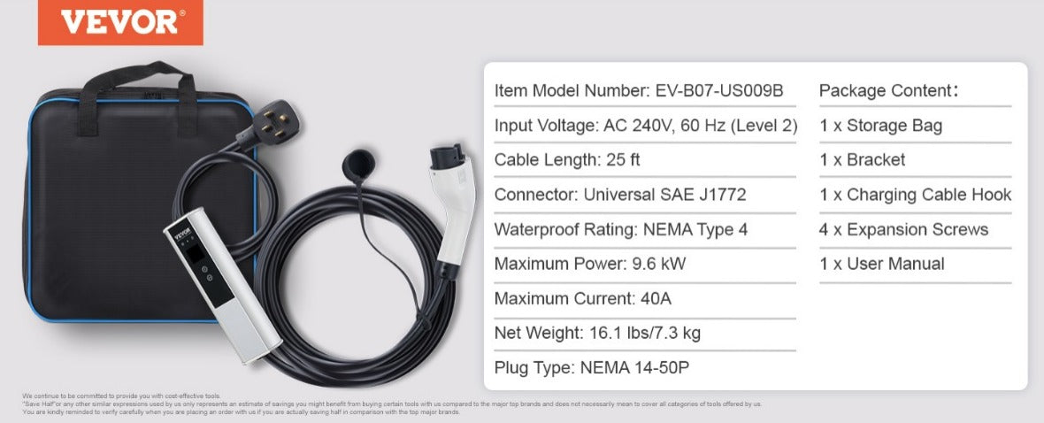 Cargador EV portátil Nivel 2, 40A 240V, Cargador de vehículo eléctrico con cable de carga de 25 pies Enchufe NEMA 14-50P, 40A/32A/24A/16A Estación de carga EV doméstica enchufable de corriente ajustable para vehículos eléctricos SAE J1772