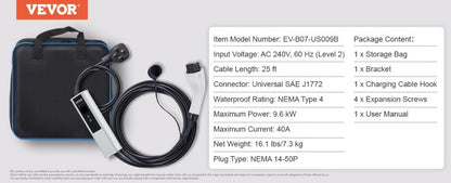 Cargador EV portátil Nivel 2, 40A 240V, Cargador de vehículo eléctrico con cable de carga de 25 pies Enchufe NEMA 14-50P, 40A/32A/24A/16A Estación de carga EV doméstica enchufable de corriente ajustable para vehículos eléctricos SAE J1772