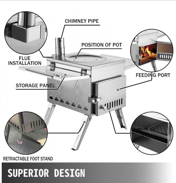 Estufa de leña para tienda de campaña VEVOR de 17.5 x 14.7 x 10.6 pulgadas, estufa de leña para camping de acero inoxidable 304 con tubo plegable, calefacción de tienda