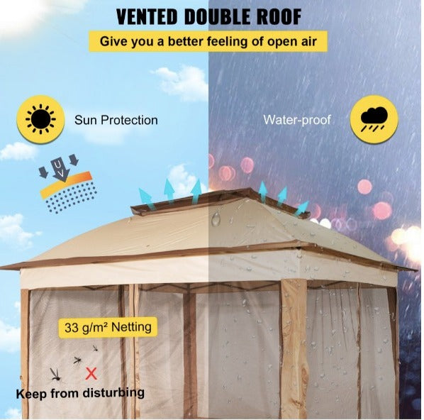 Gazebo Pabellón Exterior 3,3 x 3,3 x 2,95 m Cenador de Patio con Mosquitera Carpa Plegable Tela de Nailon y Marco de Acero Cenador con Techo al Aire Libre para Picnics Fiesta Barbacoa Vendedores