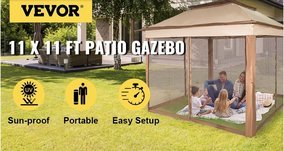 Gazebo Pabellón Exterior 3,3 x 3,3 x 2,95 m Cenador de Patio con Mosquitera Carpa Plegable Tela de Nailon y Marco de Acero Cenador con Techo al Aire Libre para Picnics Fiesta Barbacoa Vendedores