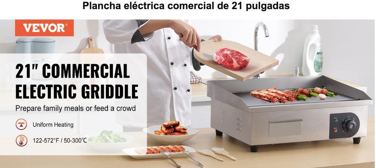 Parrilla Eléctrica 1600W 21 Plancha de encimera eléctrica comercial Plancha de parrilla superior plana Placa caliente