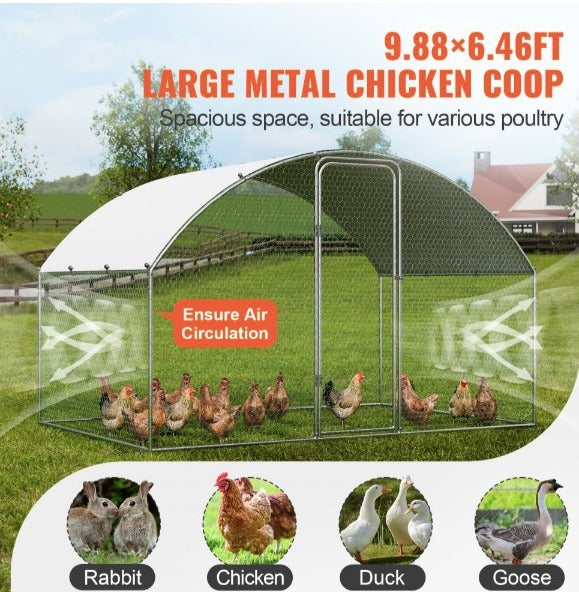 Gallinero VEVOR, 9.8x6.5x6.5ft Walk-in Large Metal Chicken Corral para patio con cubierta impermeable, gallinero con techo Doom con cerradura de seguridad para exteriores y patio trasero, granja, jaula para patos y conejos