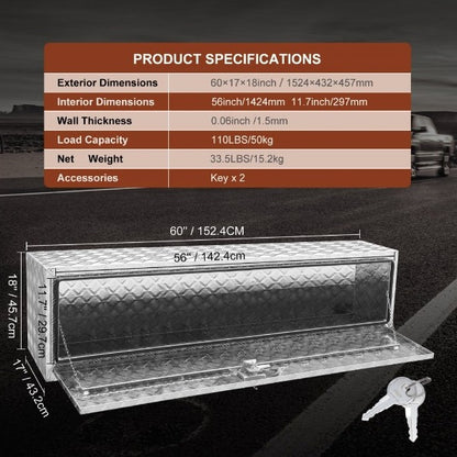 Caja de almacenamiento para camioneta, caja de almacenamiento para camioneta de 60 x 17 x 18 pulgadas, caja de herramientas con placa de diamante de aluminio resistente con cerradura y llaves