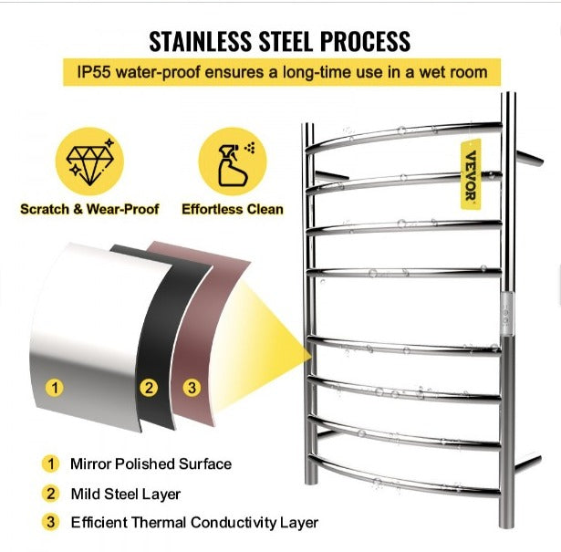 Calentador de Toalla Eléctrico 8 Barras Radiador de Diseño Curvo 110V 125W