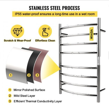 Calentador de Toalla Eléctrico 8 Barras Radiador de Diseño Curvo 110V 125W