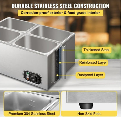 Calentador de Comida Calentador de alimentos comercial de 110 V 4x1/4GN baño María de acero inoxidable de 4 bandejas capacidad de 14,8 cuartos