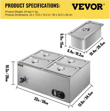 Calentador de Comida Calentador de alimentos comercial de 110 V 4x1/4GN baño María de acero inoxidable de 4 bandejas capacidad de 14,8 cuartos