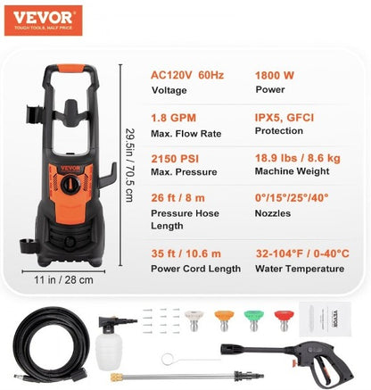 $4150 pesos, con envío gratis y compra segura con Paypal. Lavadora a presión eléctrica VEVOR, 2150 PSI, máx. Hidrolavadora de 1,8 GPM, 1800 W con manguera de 26 pies